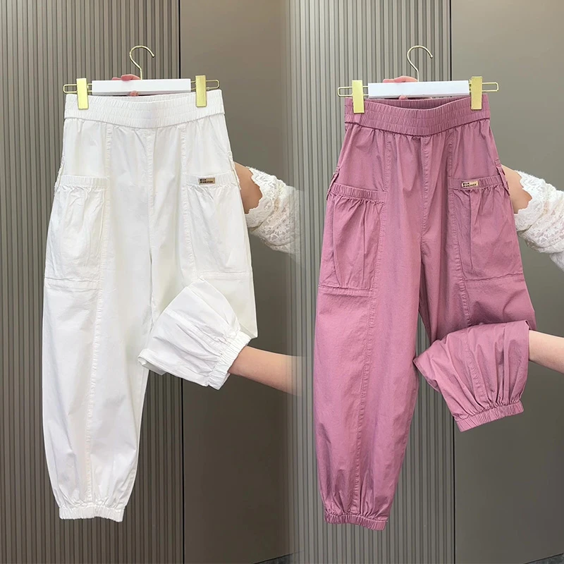 2025春夏新款哈伦裤工装裤宽松显瘦高腰薄款透气九分休闲裤束脚裤