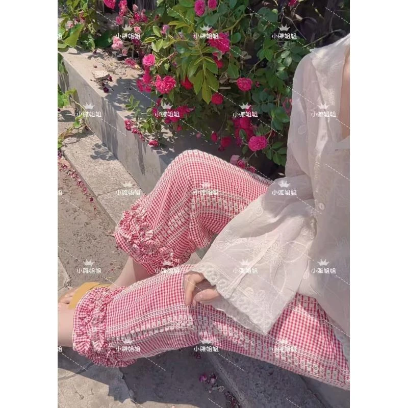 小雅姐姐  法式复古花边格纹九分休闲阔腿裤IU86