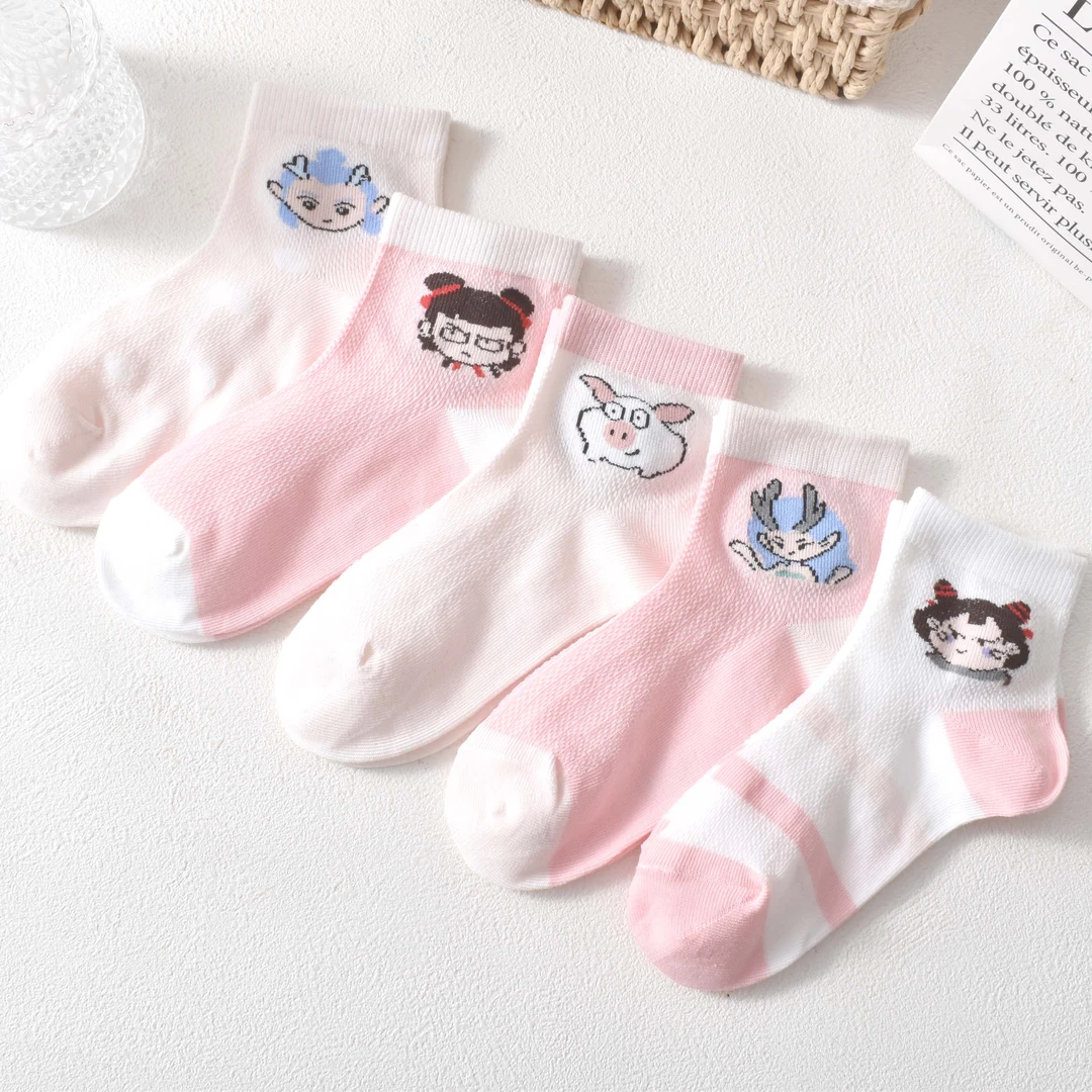 女童袜春夏薄款中筒可爱男童女童透气网眼袜子抗起球哪吒棉袜