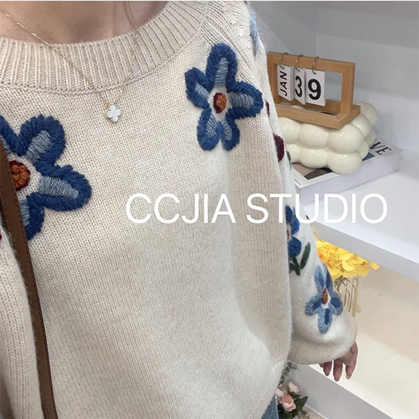 【立体花朵插肩袖】简约针织衫宽松休闲时尚百搭长袖针织衫