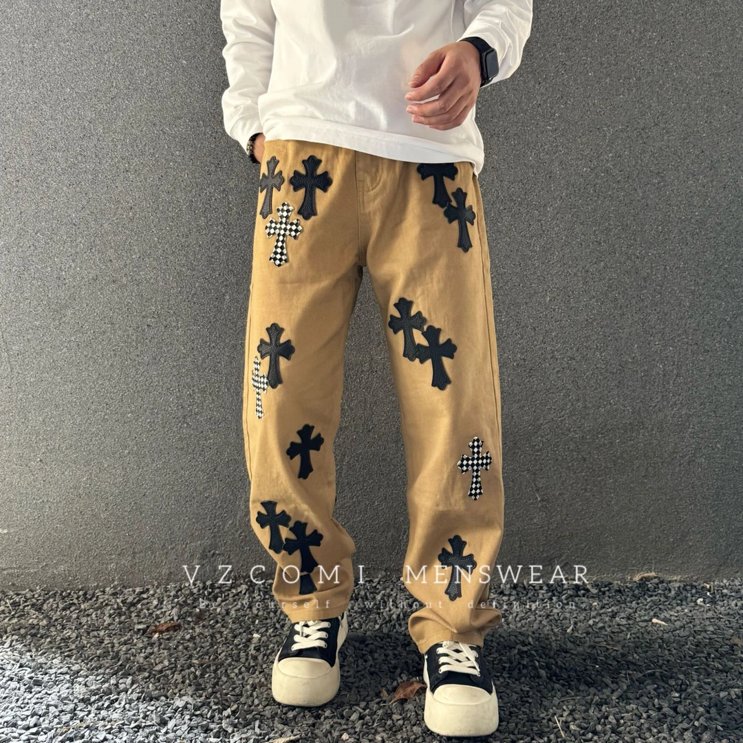 高端玩家美式十字架拼皮潮牌流光风牛仔裤宽松直筒CH潮牌牛仔裤
