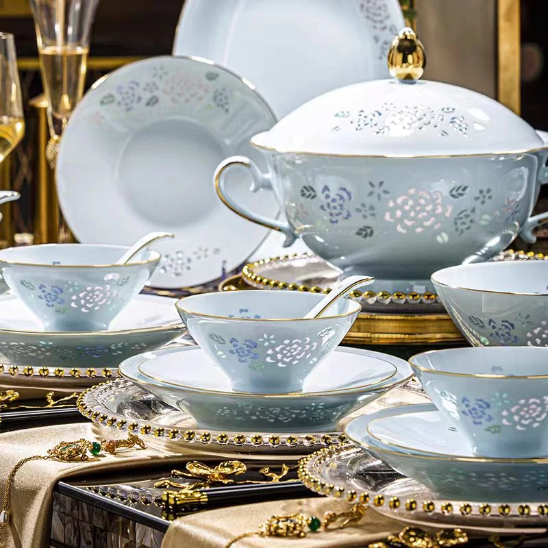 中式高档玲珑瓷碗碟套装景德镇2024新款餐具套装青瓷乔迁新居新婚