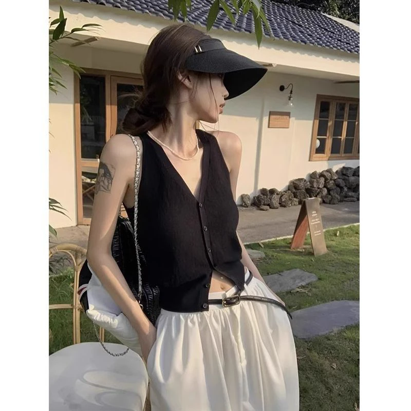 黑色v领内搭针织吊带背心马甲女夏季纯欲风无袖短款开衫外穿上衣