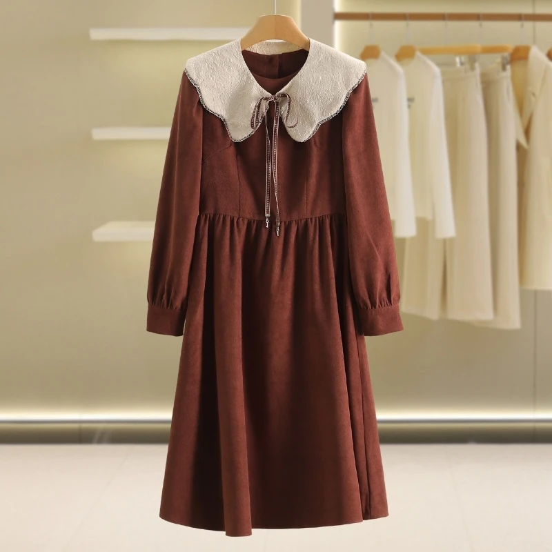 【伍莎-自营】娃娃领系带显瘦长袖连衣裙#QBY48L014