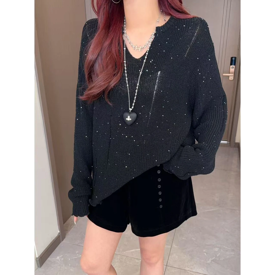 Xiaix【暗夜天使】春装新款百搭休闲慵懒感亮片长袖针织毛衣MS2525