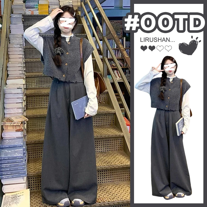 yoewshean/羽媗微胖妹妹大码学院风马甲阔腿裤套装女减龄三件套潮