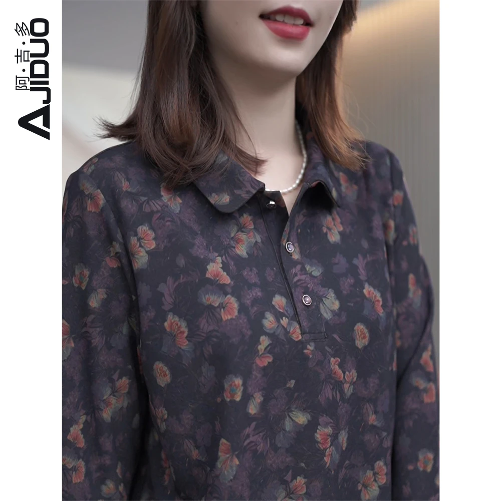 2024秋季新款减龄翻领t恤女长袖外穿大码宽松显瘦内搭碎花A30337