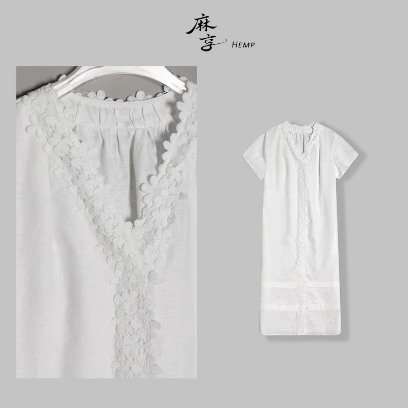 麻享【风之诗·栖羽】100%汉麻重工花瓣刺绣夏季短袖连衣裙FSY50663