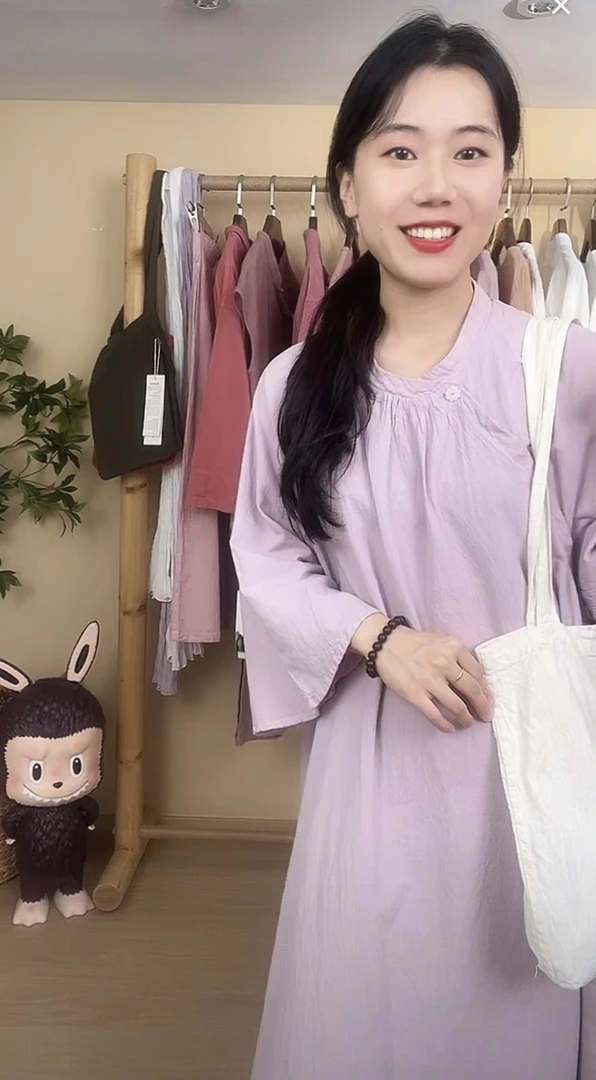 照本堂夏玉石扣套头小领中国风休闲连衣裙w32501