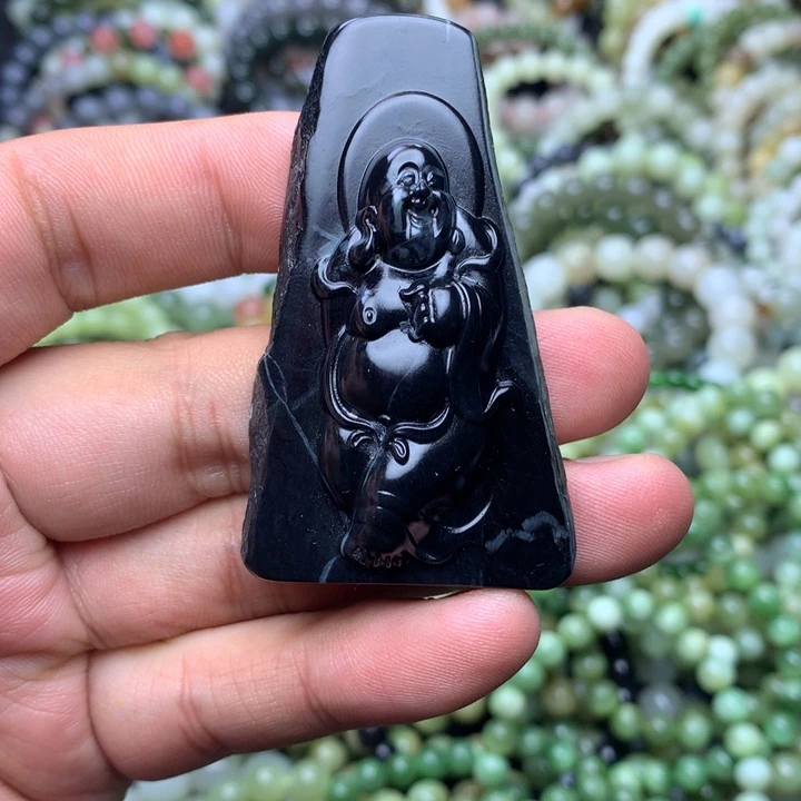 和田玉未镶嵌颈饰福利款 山料青花弥勒佛毛衣链吊坠