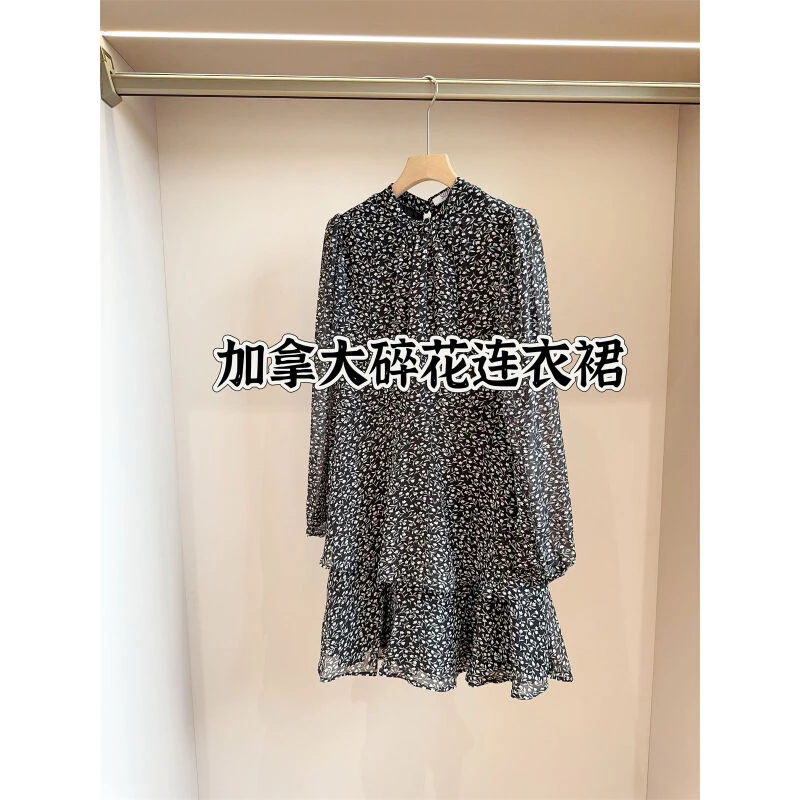 加拿大单 黑底碎花双层雪纺连衣裙女