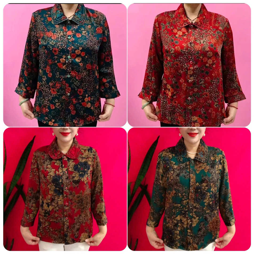 110#春季新款中老年夏装时尚百搭刺绣领牡丹花上衣