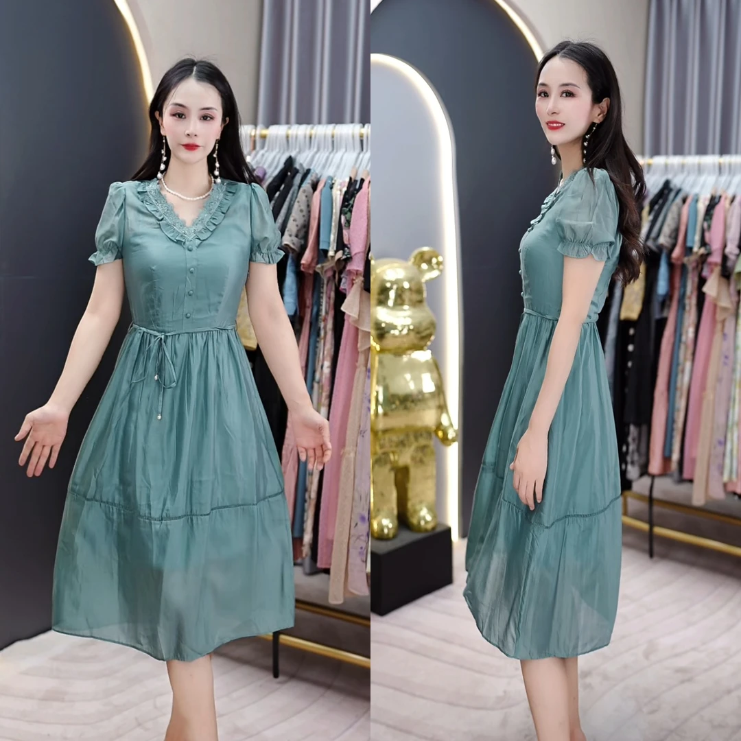 2025夏季新款绿色时尚洋气减龄女士大方休闲显瘦连衣裙M-4XL