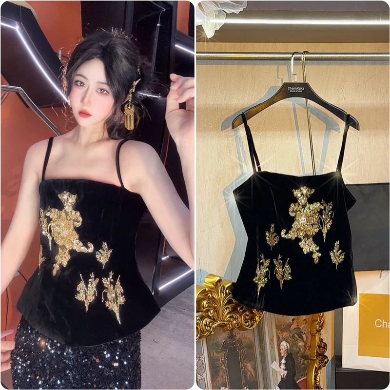 【墨妍秋华】64020修身重工轻奢新中式加厚吊带女胖MM