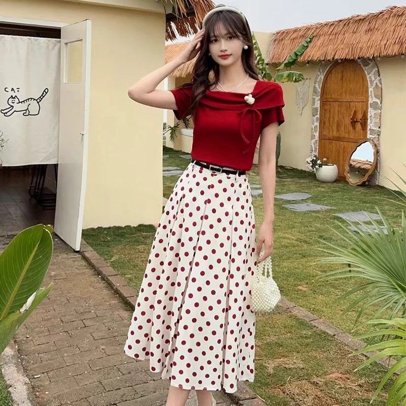 法式复古设计气质短袖上衣波点夏季印花半身裙套装新款减龄两件套