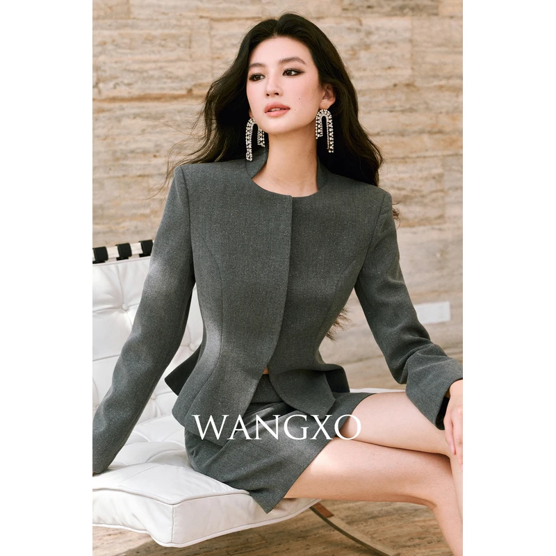 WANGXO 气质撒银立领暗门襟收腰套装  253807W