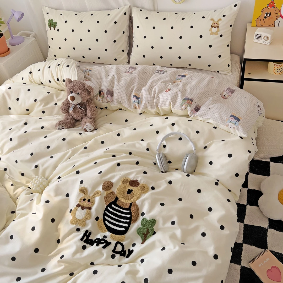 小玲子 小熊蛋仔 全棉纯棉三件套四件套 印花+刺绣工艺 可爱风