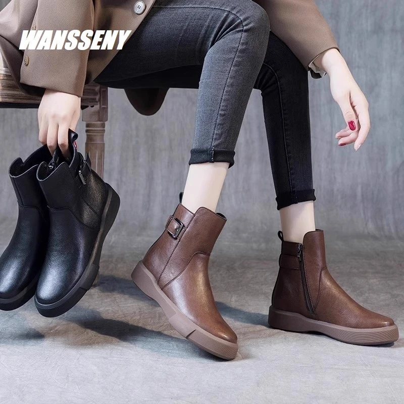 WANSSENY2025年秋冬英伦风马丁靴女大码侧拉链加绒短靴女切尔西靴