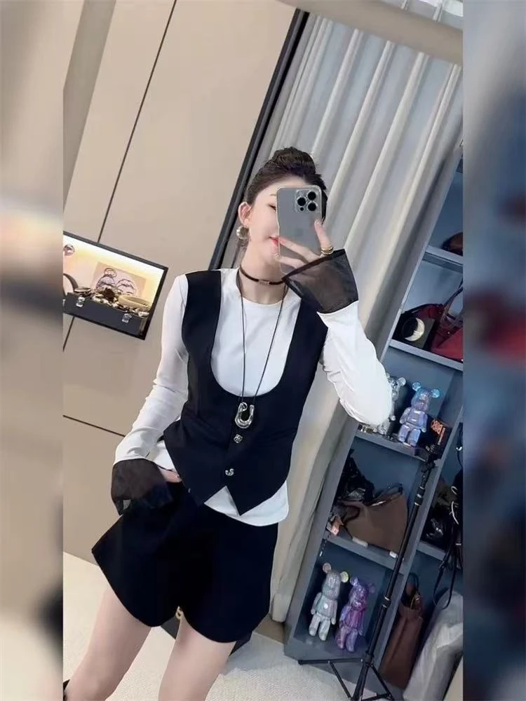 新款时尚拼接假两件洋气长袖气质御姐风百搭显瘦T恤女