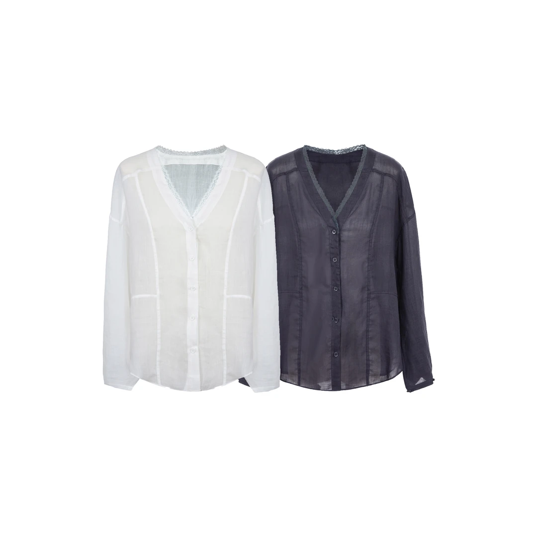 【柔风】3074夏季新款莱赛尔苎麻轻薄透气蕾丝领衬衫上衣