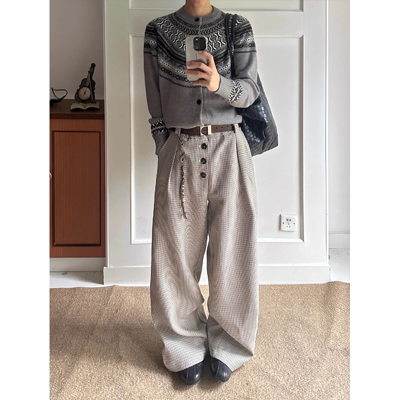 LIGGICC 千鸟格复合打褶排扣a字阔腿西裤老钱风cleanfit通勤百搭