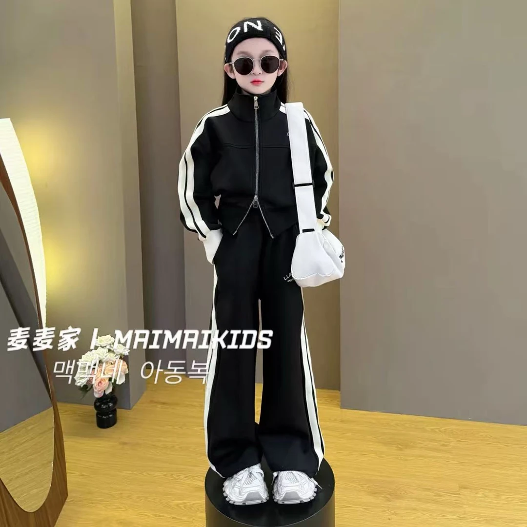 女童2025新款韩版宽松休闲潮流春秋季美式拼色条纹舒适运动套装潮