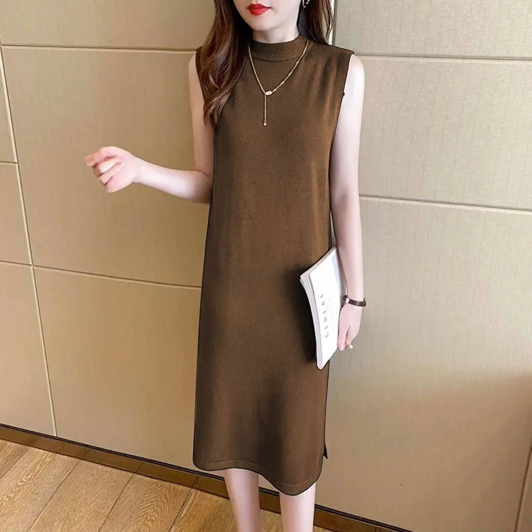 【龙哥专属】 JD71005 半高领无袖针织裙长款修身裙