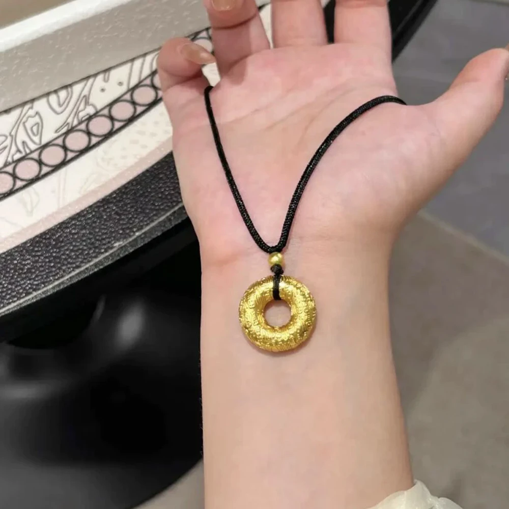 铜合金布艺项链 新中式国潮精致立体实心百福同心圆环平安扣项链