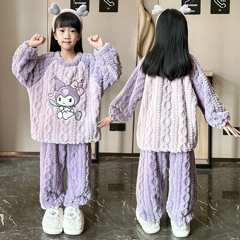 法兰绒冬季儿童睡衣加绒加厚小女孩珊瑚绒女童洋气家居服套装