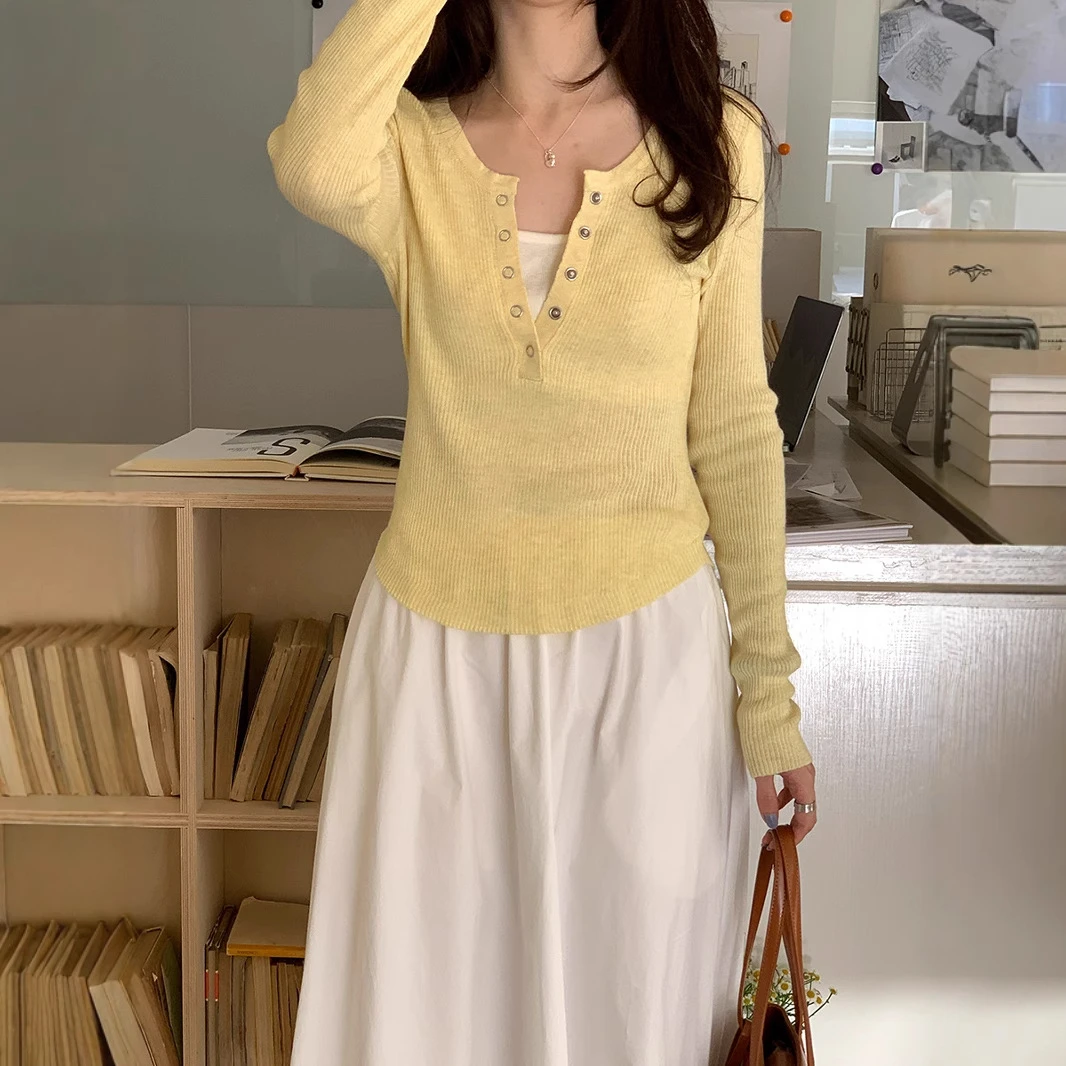 韩系风假两件针织衫女春季2025年新款修身显瘦百搭长袖打底衫上衣