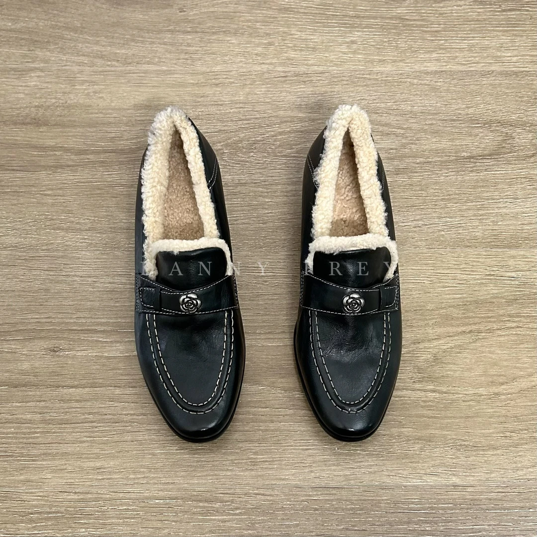 Dannyfrey秋冬山茶花深口加绒保暖乐福鞋百搭粗跟毛毛鞋3.2CM