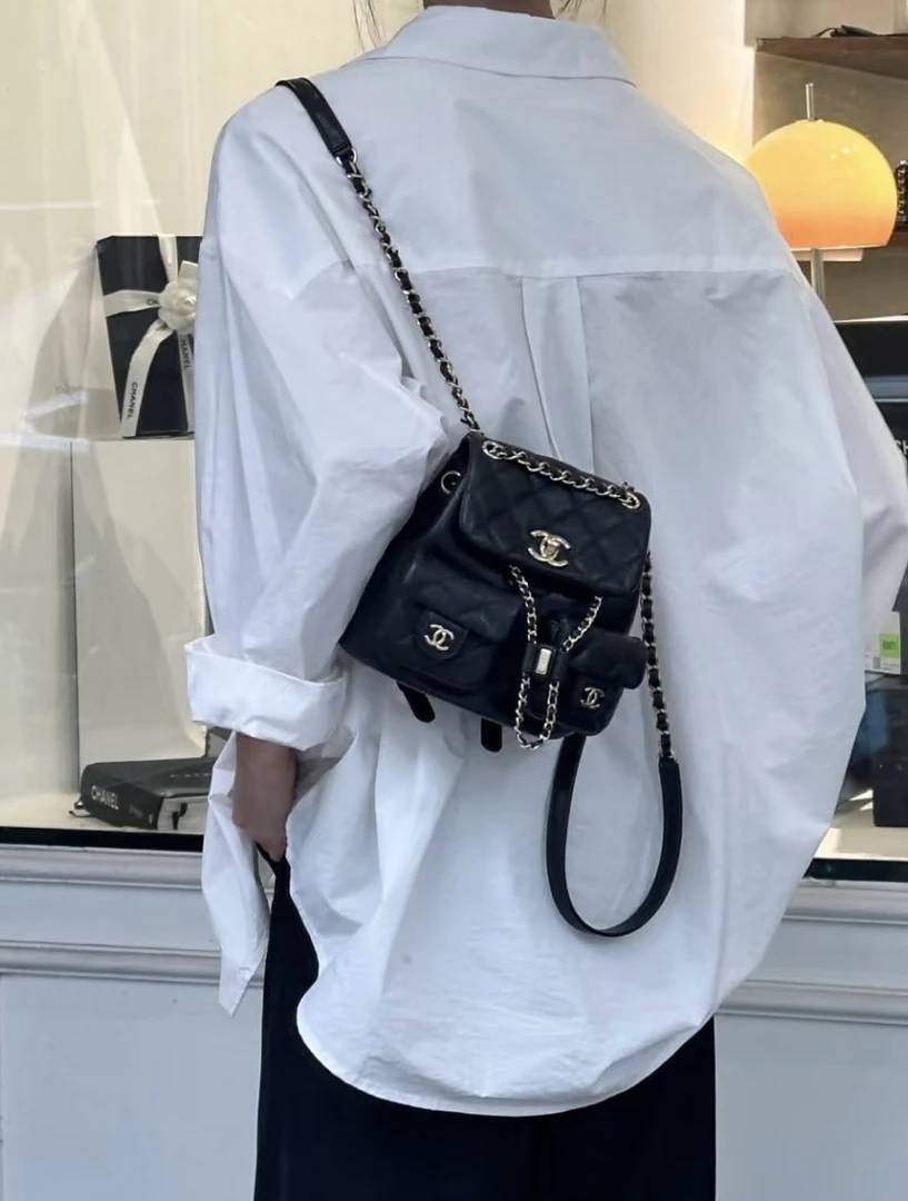 95新 Chanel/香奈儿 0814 黑金24a青蛙双肩包小号芯片款