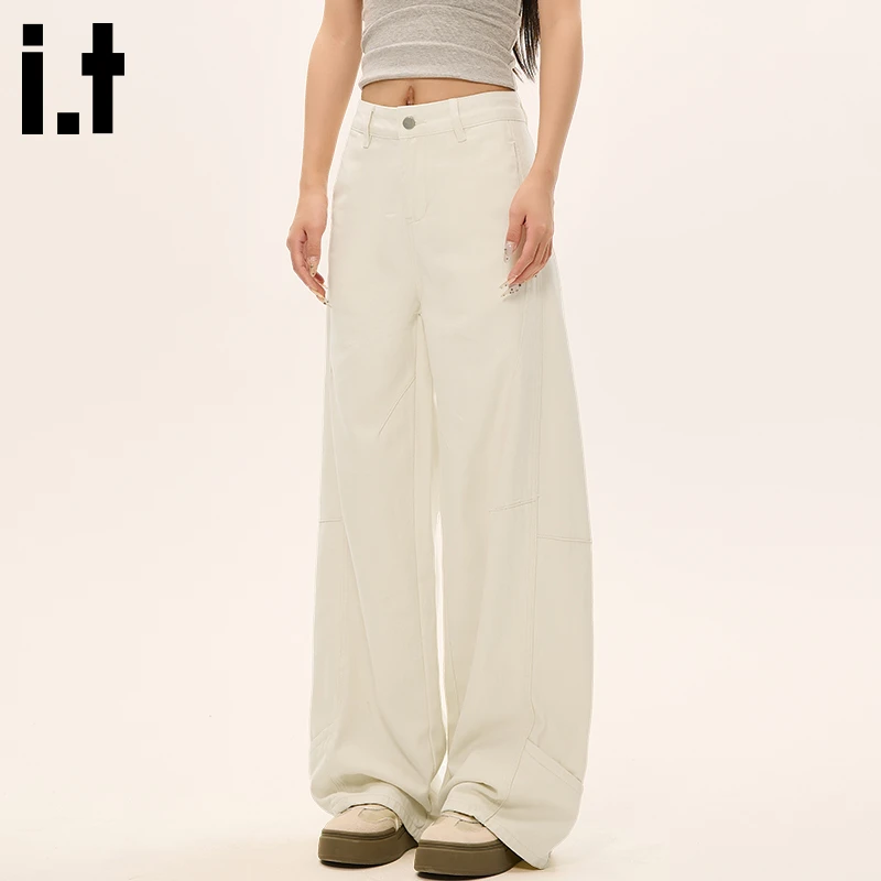 it :CHOCOOLATE米白色阔腿牛仔裤女秋季2025新款宽松显瘦弯刀裤子