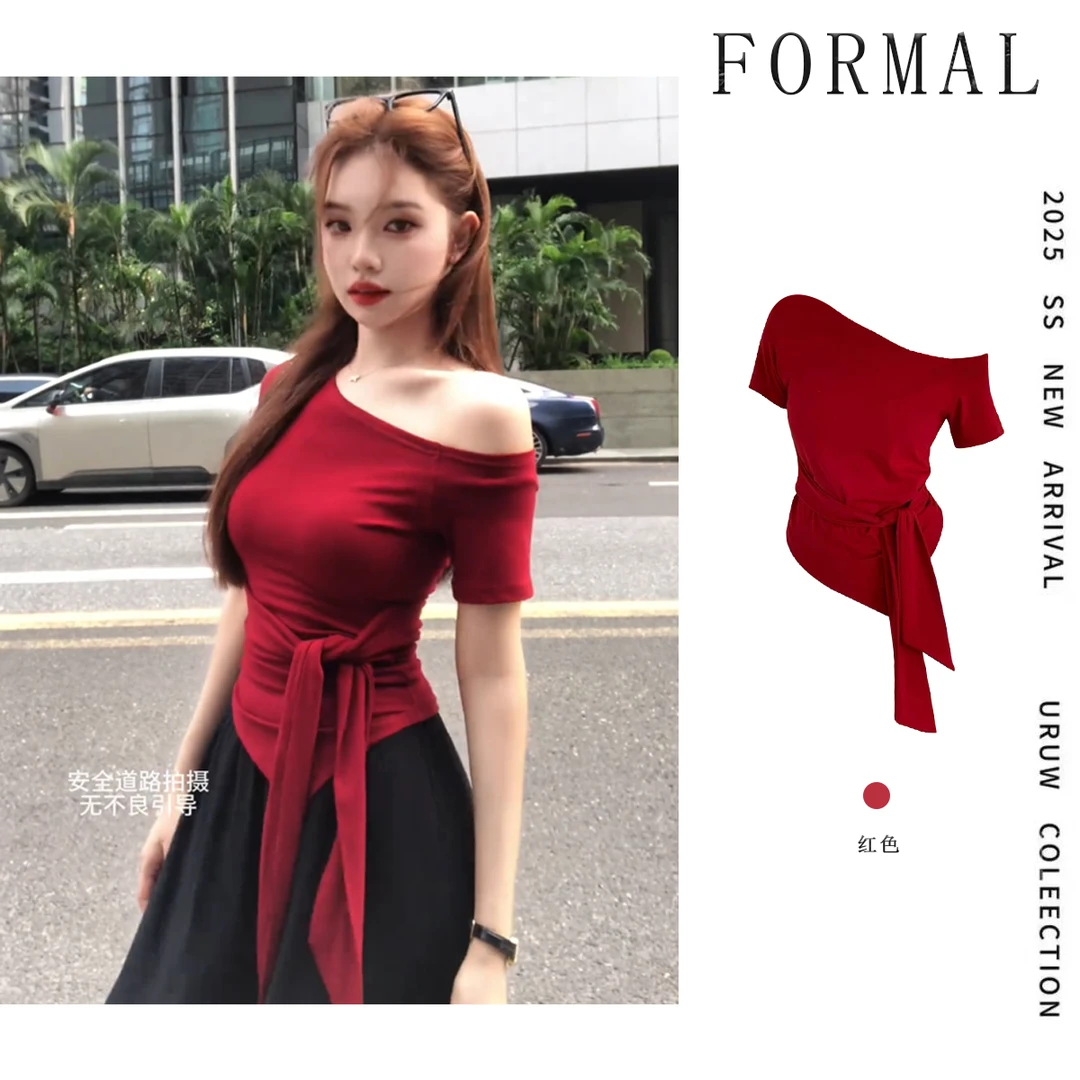 辣妹风显瘦斜肩时髦短袖T恤女夏不规则修身t恤纯欲气质绑带上衣女