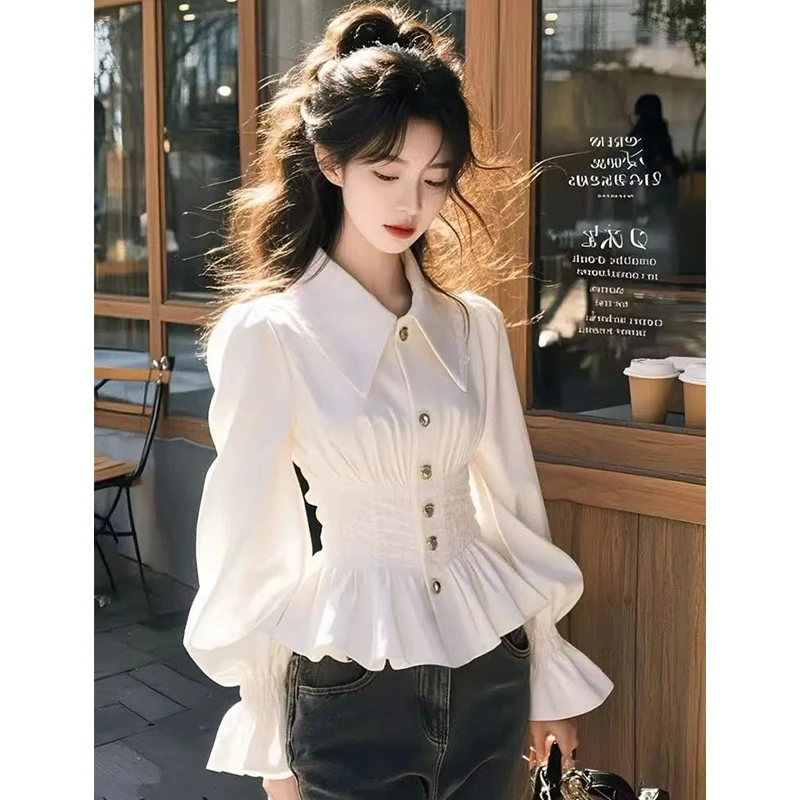 白色收腰衬衫女长袖荷叶边上衣服2025新款爆款洋气喇叭袖短款衬衣