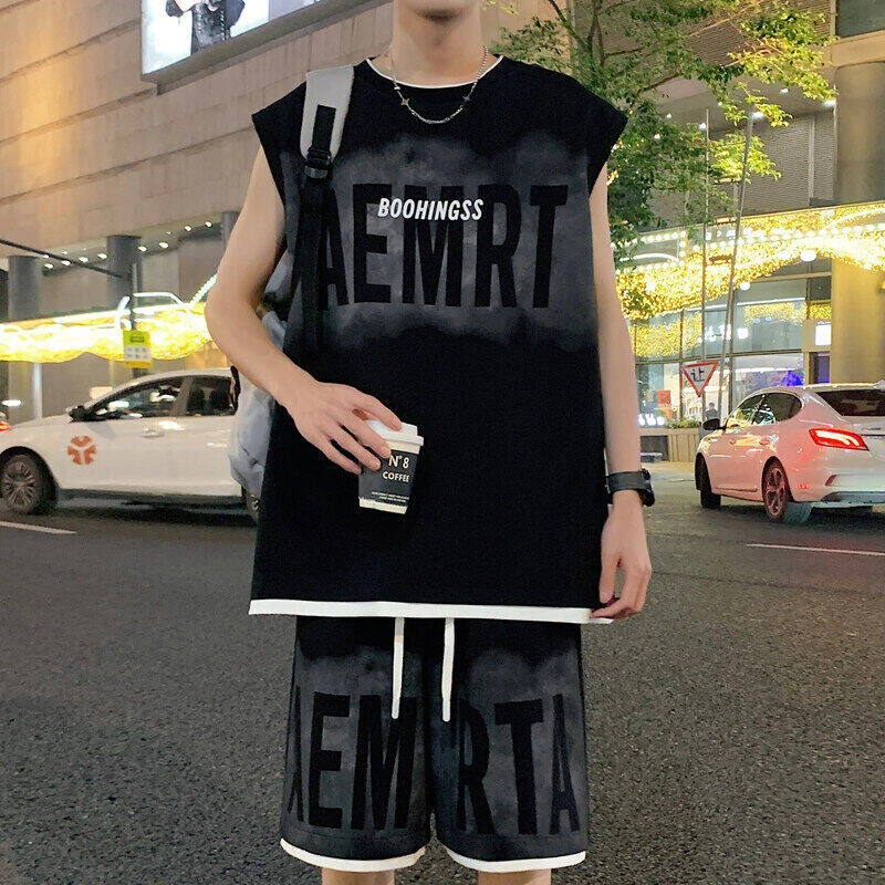 美式休闲运动套装男士夏季无袖T恤潮牌大码五分裤背心穿搭两件套