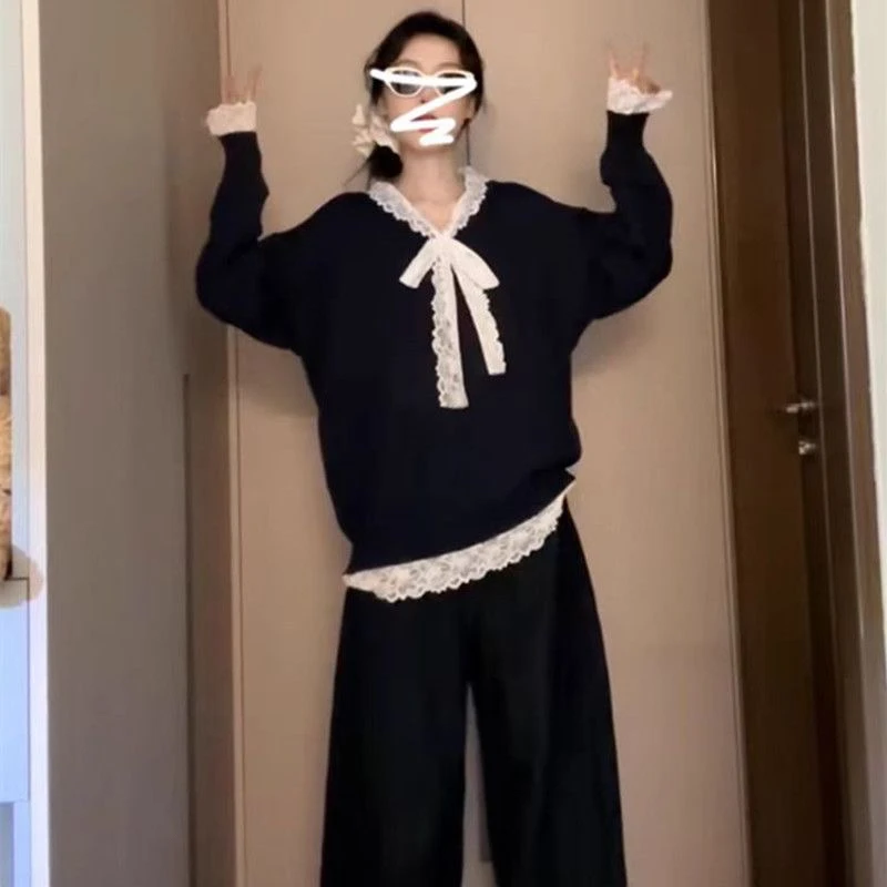 7151#蝴蝶结蕾丝V领针织女韩系慵懒风设计感宽松大码上衣