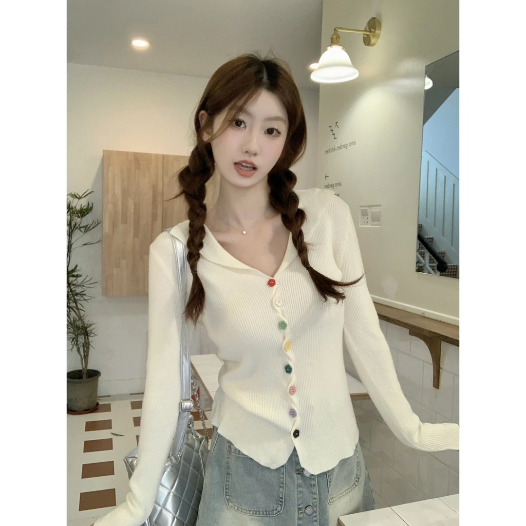 气质百搭早秋韩版半开领彩虹扣甜美时尚减龄针织毛衣女外套上衣