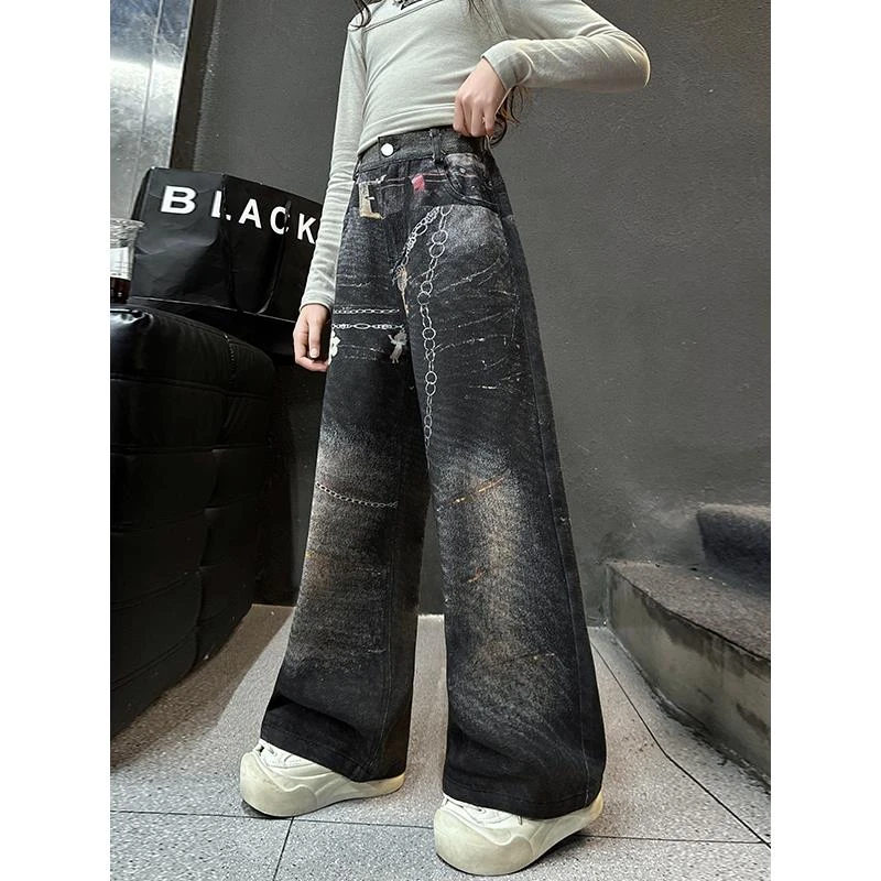 女大童秋装牛仔裤儿童洋气休闲女孩直筒裤子女童春秋阔腿裤初中生