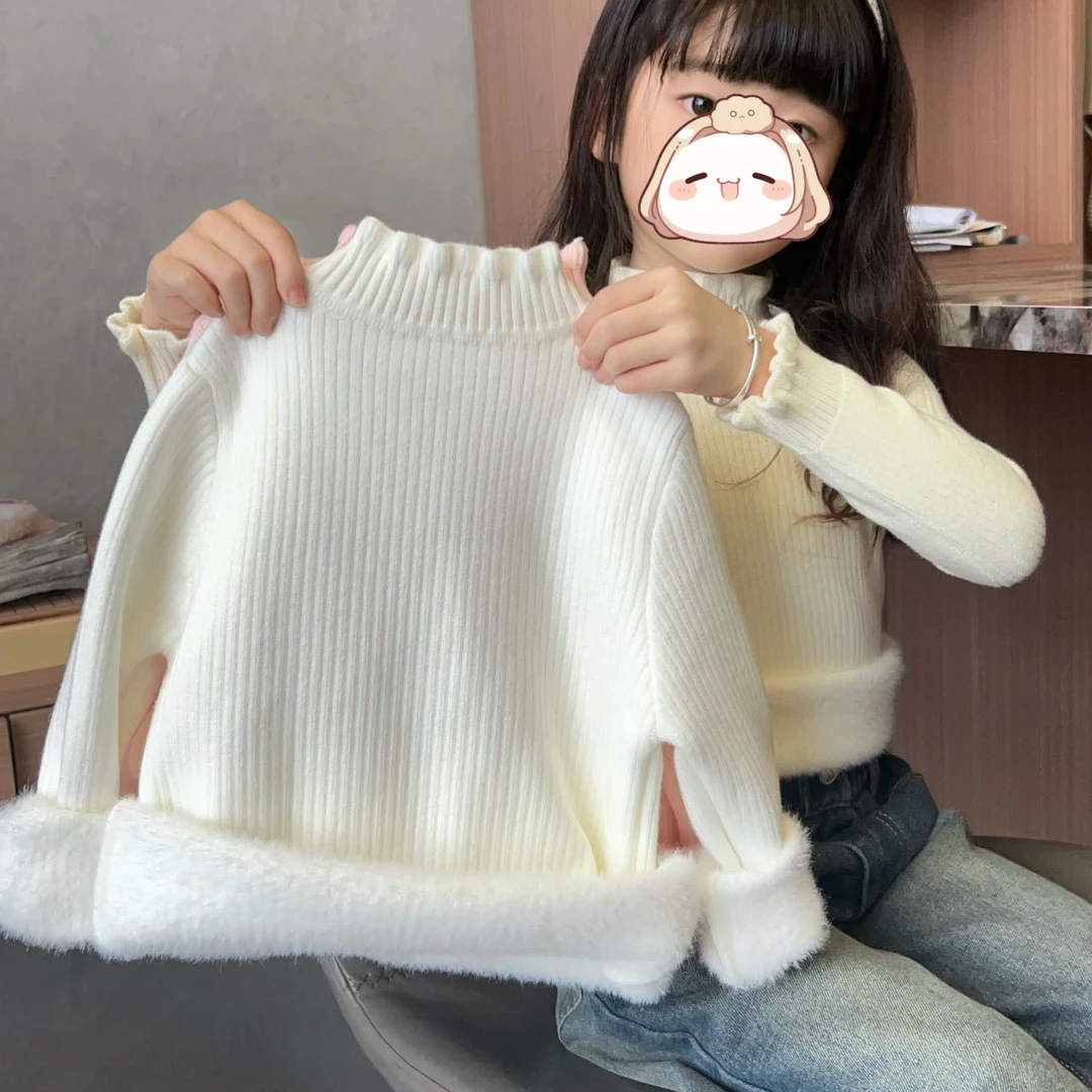 新款儿童一体绒毛衣加绒打底衫宝宝保暖童装秋冬上衣洋气女童白色
