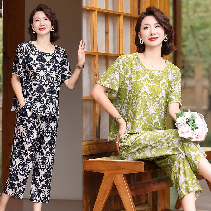 中老年妈妈装夏季新款短袖印花套装女时尚宽松显瘦大码薄款两件套