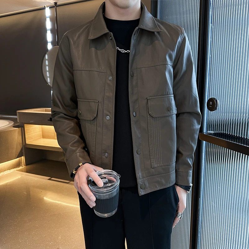 复古软皮衣男士机车夹克男2025新款皮外套修身时尚百搭上衣翻领