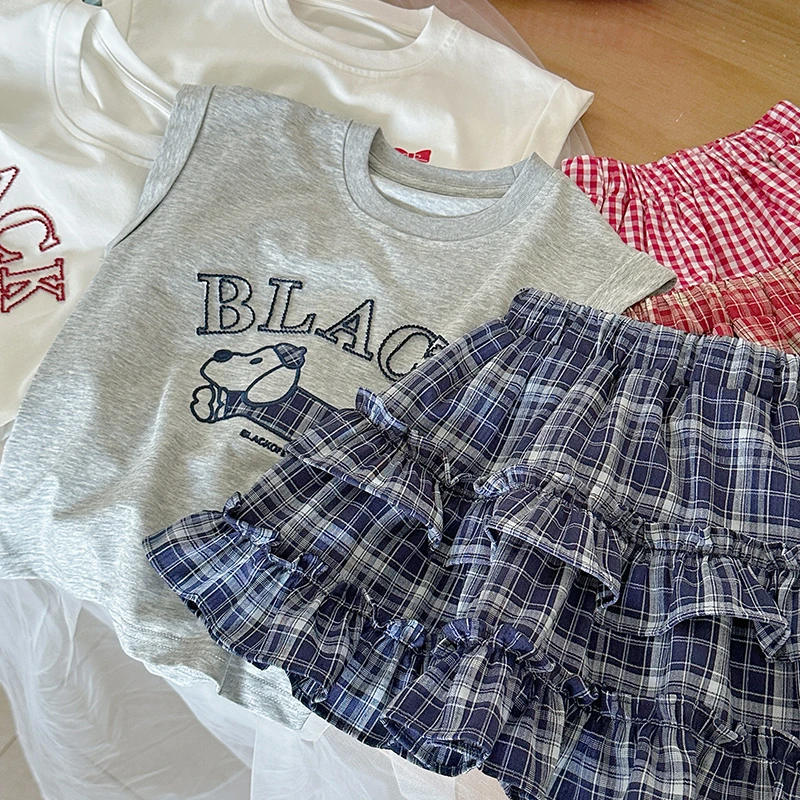 【橘子家】女童夏季新款套装圆通卡通短袖松紧腰半身裙HS62389