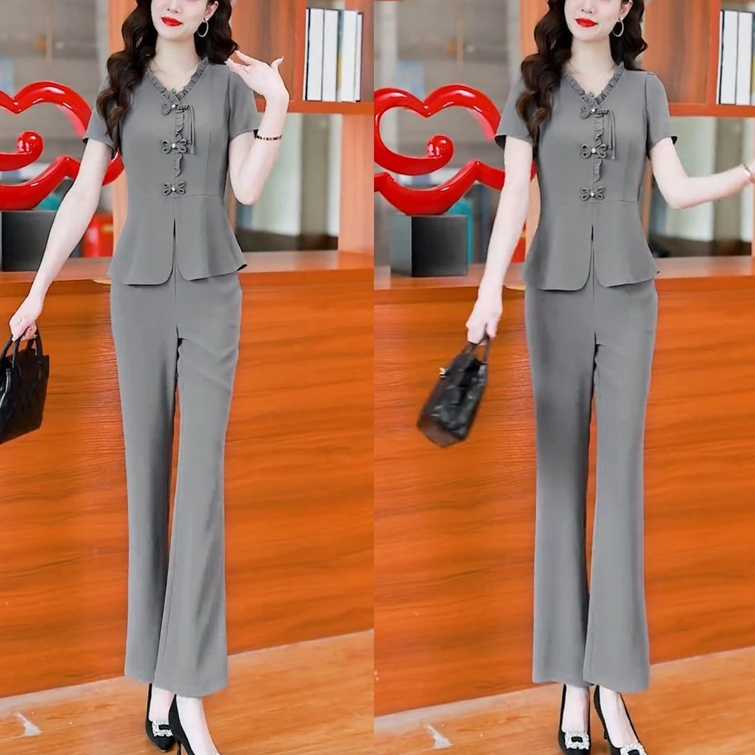 2025夏季新款时尚遮肉显瘦国风盘扣短袖上衣微喇叭长裤两件套装女