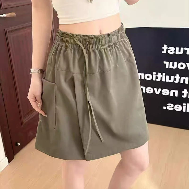 2025夏季新款山本风休闲裤高腰宽松抽绳显瘦百搭五分裤纯色裙裤女