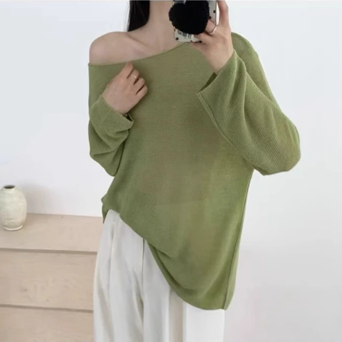 纸片人慵懒ROW风天丝亚麻针织衫宽松蝙蝠袖老亚麻天丝凉感针织衫