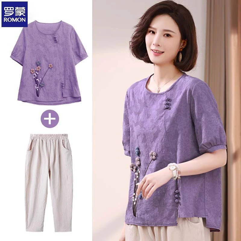 罗蒙妈妈上衣夏季纯棉中老年人女夏装套装大码中年短袖t恤两件套
