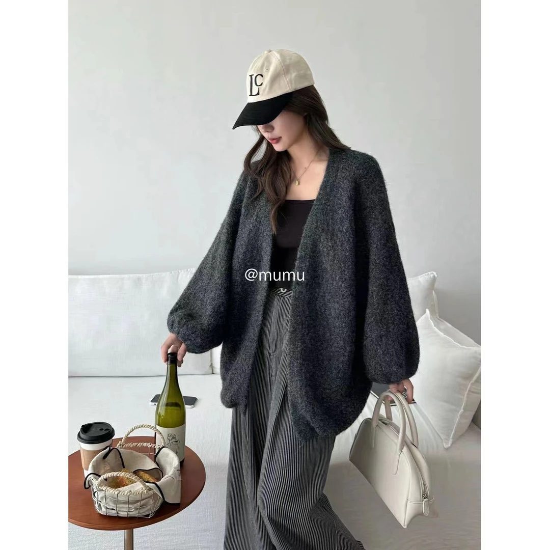 秋冬新款女装时尚毛衣外套女韩版慵懒风软糯泡泡袖针织大衣开衫女