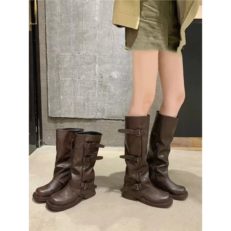 网红同款增高6cm皮带扣圆头中筒骑士靴女时髦西部褶皱堆堆裤管靴