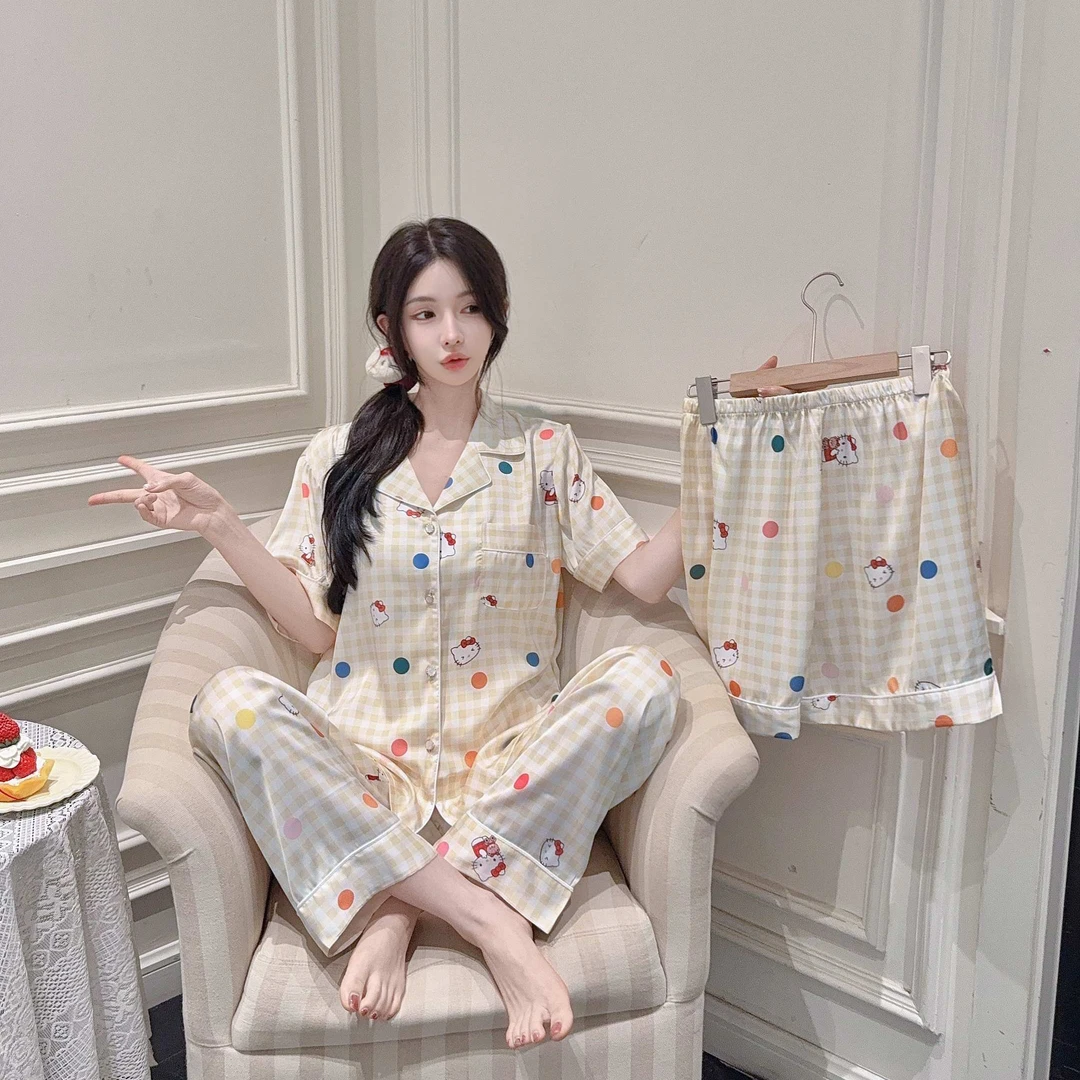 【奶黄KT】女款时尚舒适透气卡通可外穿三件套夏季睡衣家居服DD